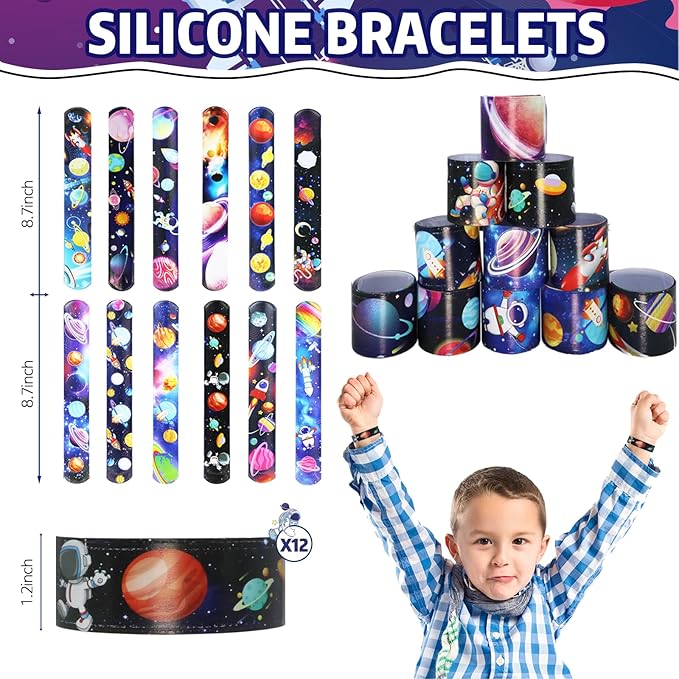 146 pcs Space Party Favors, Hands Slap Bracelets Rocket Keychains Sticker, Space Themed Toys for Kids Painting Kit, Galaxy Theme Bag Fillers for Classroom Prizes Birthday Kids Gift
