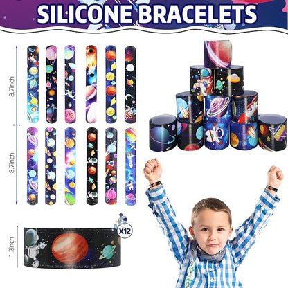 146 pcs Space Party Favors, Hands Slap Bracelets Rocket Keychains Sticker, Space Themed Toys for Kids Painting Kit, Galaxy Theme Bag Fillers for Classroom Prizes Birthday Kids Gift