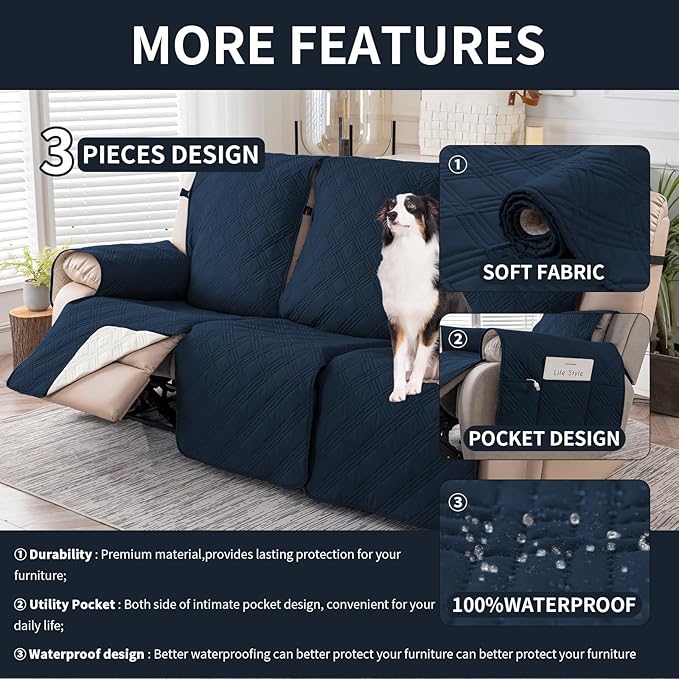 Easehomey Waterproof Recliner Sofa Cover,Non-Slip Reclining Sofa Covers for 3 Seat,Washable Reclining Sofa Cover Furniture Protector with Elastic Straps Pocket for Kids, Pets(Dark Blue,3Seat)