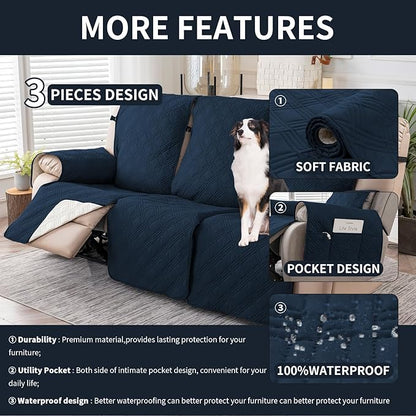 Easehomey Waterproof Recliner Sofa Cover,Non-Slip Reclining Sofa Covers for 3 Seat,Washable Reclining Sofa Cover Furniture Protector with Elastic Straps Pocket for Kids, Pets(Dark Blue,3Seat)