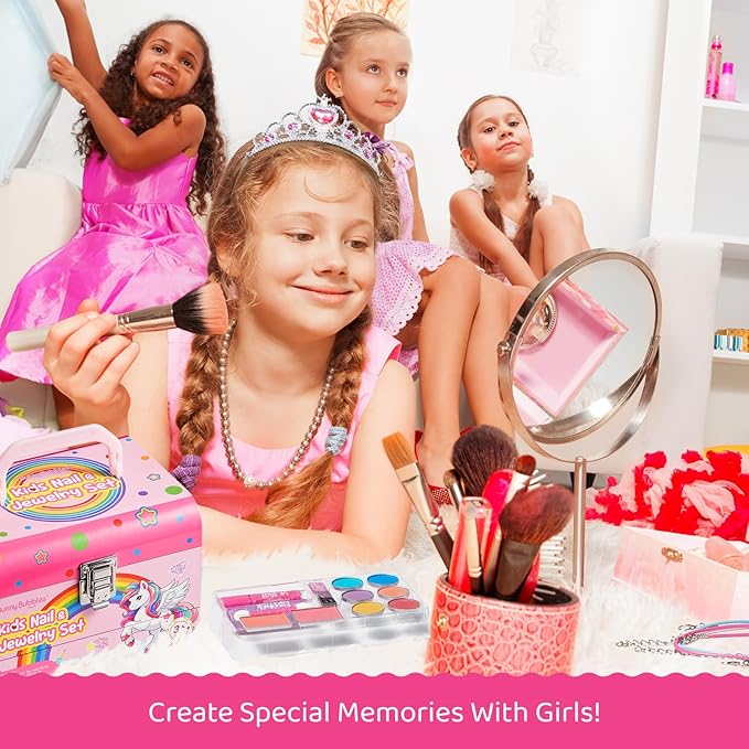 Kids Makeup Kit for Girls, Real Washable Cosmetic Set with Mirror, Jewelry Bracelet Making Kit for Kids Makeup Toy, Kids Makeup Sets for Girls 4 5 6 7 8 9 10 11 12 Years Old Kid (Pink)