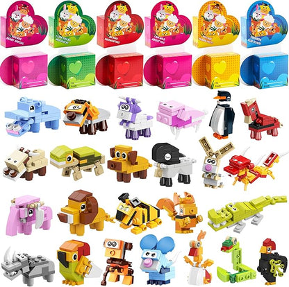 JOYIN 24 Packs Valentines Animal Building Blocks with Hearts Party Favors Boxes for Kids Valentine Classroom Prize Supplies, Classroom Gift Exchange School Rewards