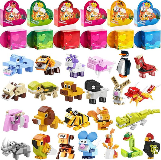 JOYIN 24 Packs Valentines Animal Building Blocks with Hearts Party Favors Boxes for Kids Valentine Classroom Prize Supplies, Classroom Gift Exchange School Rewards