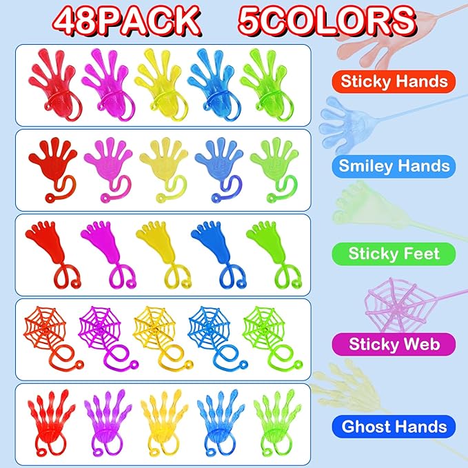 48 Pack Sticky Hands Party Favors, 6 Types Goodie Bag Stuffers, Teacher Treasure Box Prizes, Classroom Rewards, Piñata Fillers, Bulk Party Favors Gift for Boys Girls (Random Color)