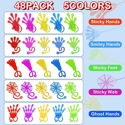 48 Pack Sticky Hands Party Favors, 6 Types Goodie Bag Stuffers, Teacher Treasure Box Prizes, Classroom Rewards, Piñata Fillers, Bulk Party Favors Gift for Boys Girls (Random Color)