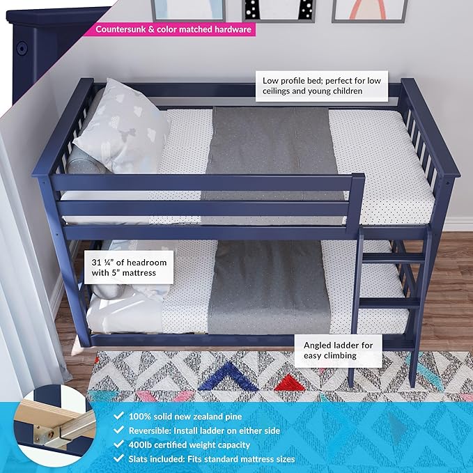 Max & Lily Twin Over Twin Low Bunk Bed with Ladder, Wooden Bunk beds with 14” Safety Guardrail for Kids,Toddlers, Boys, Girls, Teens, Bedroom Furniture, Blue