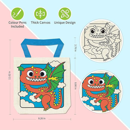12 Pieces Kids Coloring Goodie Bags, Reusable Canvas Bag, Cute Art Party Favors, Color Your Own Bags for DIY Painting Birthday Carnival Celebration, Party Supplies Gift, Girls and Boys