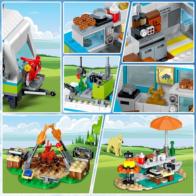 HOGOKIDS City Camper Van Building Set with LED Light - 3-IN-1 Holiday RV Camping Building Toy for Kids 879PCS with Tent BBQ Grill Vehicles Friends Creative Adventure Gift for Boys Girls 6-12 Years Old