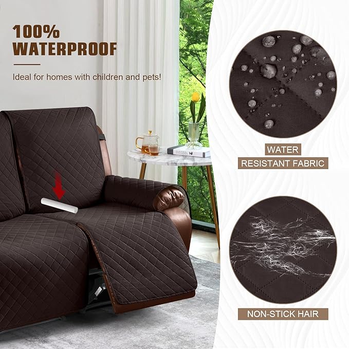 KinCam Waterproof Oversized Loveseat Recliner Cover, Non-Slip Reclining Couch Covers for 2 Seat, Recliner Sofa Cover Furniture Protector with Elastic Straps for Kids, Pets, Chocolate
