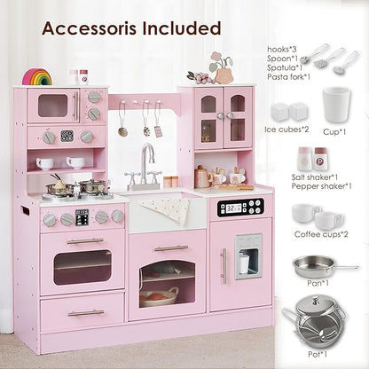 Wooden Play Kitchen for Toddlers and Kids with Lights & Sounds, Large Interactive Pretend Play Set with Ice Maker, Stove, Sink, Oven, 12 Accessories - Ages 3-8
