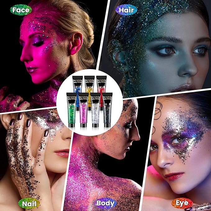 AROIC Face Glitter, 14Pcs St Patricks Day Accessories, Body & Hair Glitter Gel Sparkle Makeup Party Rave Outfits, Concerts Festival Face Paint，Rave Accessories Music Festivals Black Light Party