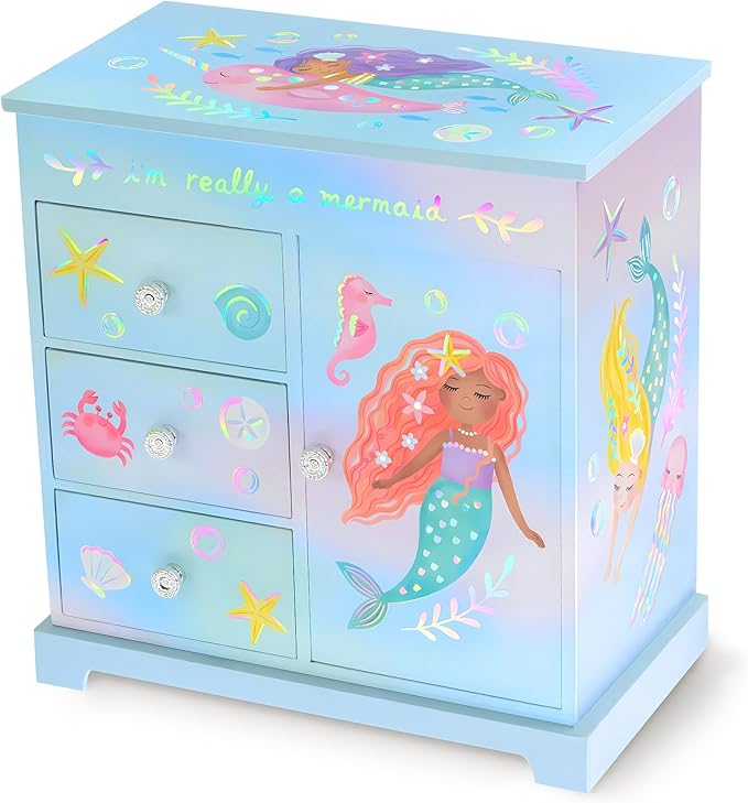 Mermaid Musical Jewelry Box for Girls - Kids Music Box with Drawers, Mermaid Gifts for Girls, Mermaid Jewelry Boxes for Ages 3-10 - 9 x 5 x 9.3 in,