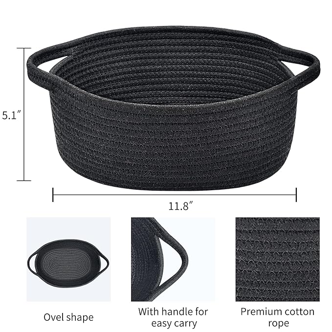 ABenkle Small Basket with Handles - Decorative Durable Rope Woven Storage Bin Shelf Storage Organizer Cube, Easter Baby Gift Basket, 12"x8"x5", Black