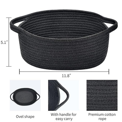 ABenkle Small Basket with Handles - Decorative Durable Rope Woven Storage Bin Shelf Storage Organizer Cube, Easter Baby Gift Basket, 12"x8"x5", Black