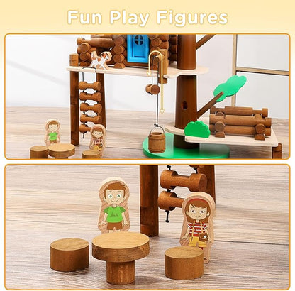 SainSmart Jr. 2-Tier Wooden Tree House Building Set – Educational Gift for Kids, Creative STEM Toy with Cabins and Interchangeable Leaves, STEM Retro Classic Toy Compatible with Lincoln Logs