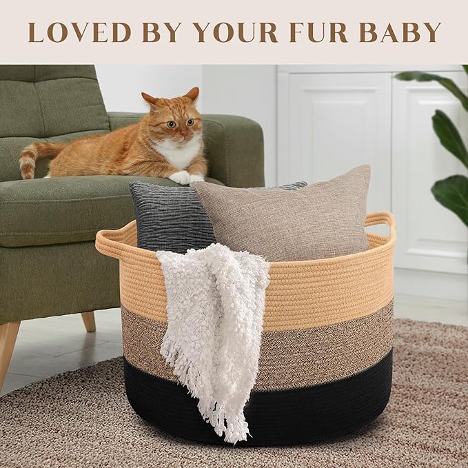 Maliton Large Woven Blanket Basket, 22" X 22" X 14" Storage Baskets for Organizing, Round Cotton Rope Toy Basket for Living Room, Bedroom- Rope Laundry Hamper with Handles - Nursery Bin