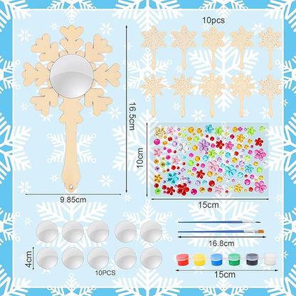 Fennoral 10 Pack Wooden Mirror Craft for Kids Decorate You Own Snowflake Mirrors for Girls DIY Paint Snowflake Crafts Wooden Hand Mirror for Art Activities Birthday Winter Christmas Gifts
