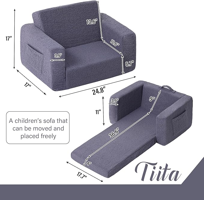 Tiita Kids Sofa, 2-in-1 Kids Sofa Chair, Convertible Children Couch to Lounger, Flip Out Kids Sofa Chair, Toddler Armrest Chair Bed, Folding Kids Play Sofa for Girl or Boy(Navy Blue)