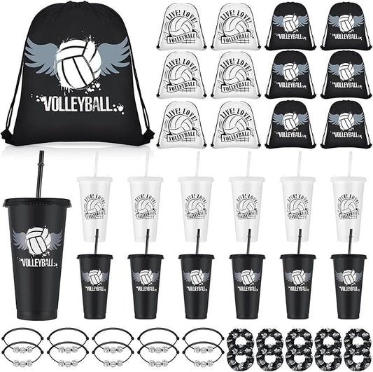 Yungyan 48 Pcs Volleyball Party Favors Set Volleyball Goodie Bags 24oz Volleyball Cups with Lids Sport Drawstring Bags Volleyball Hair Ties Bracelets for Team Gifts Volleyball Party Supplies