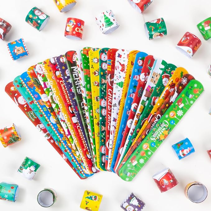 Christmas Slap Bracelet for Kids - 48 Pieces, 24 Colorful Styles - Bulk Christmas Slap Wristbands for Kids Party Favors, Toys Prizes & Goodie Bags Fillers
