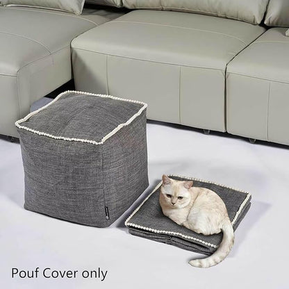 Louis Donné Unstuffed Pouf Ottoman Footstool Cover Gray Cottom Fabric for Storage, Decorative Washable Pouf Footstool with Trim Lace for Living Room House Warming Gifts(Only Cover)