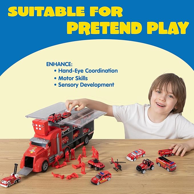 JOYIN 25 in 1 Fire Truck Vehicle Toy Set with Sounds and Lights, Fire Engine Vehicles in Carrier Truck, Mini Rescue Emergency Car Toy, Birthday Gifts for Over 3 Years Old Boys, Easter Basket