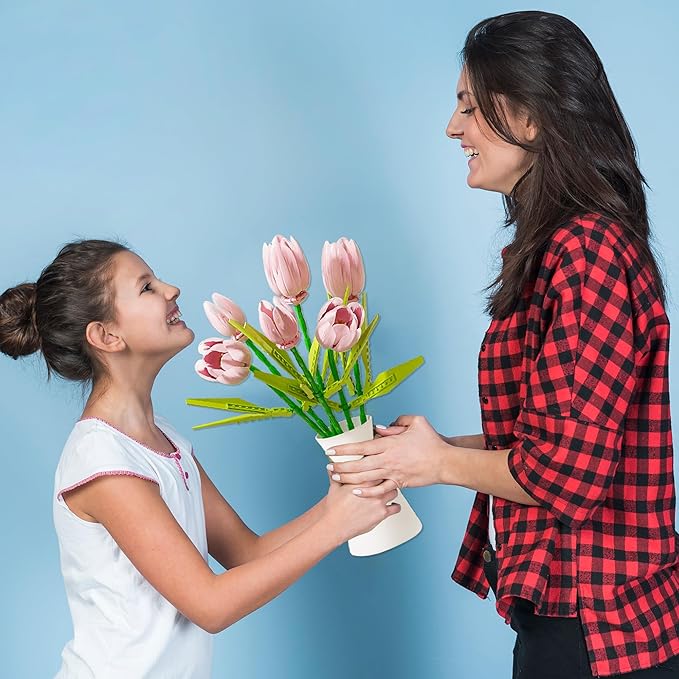 Flower Bouquet Building Toy Set Tulips, Botanical Building Blocks for Adults Home Office Decor Pink Color