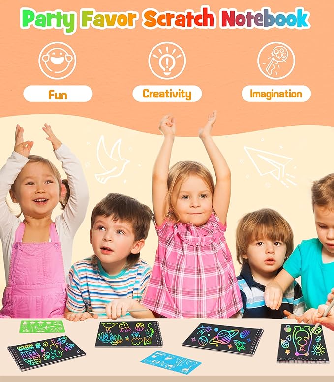pigipigi Scratch Paper Party Favor: 16 Pack Rainbow Scratch Notebook for Kid Art Craft Supplies Age 3-12 Boys Girls Coloring Book Birthday Christmas Easter Toy Gift Activity Drawing Kit