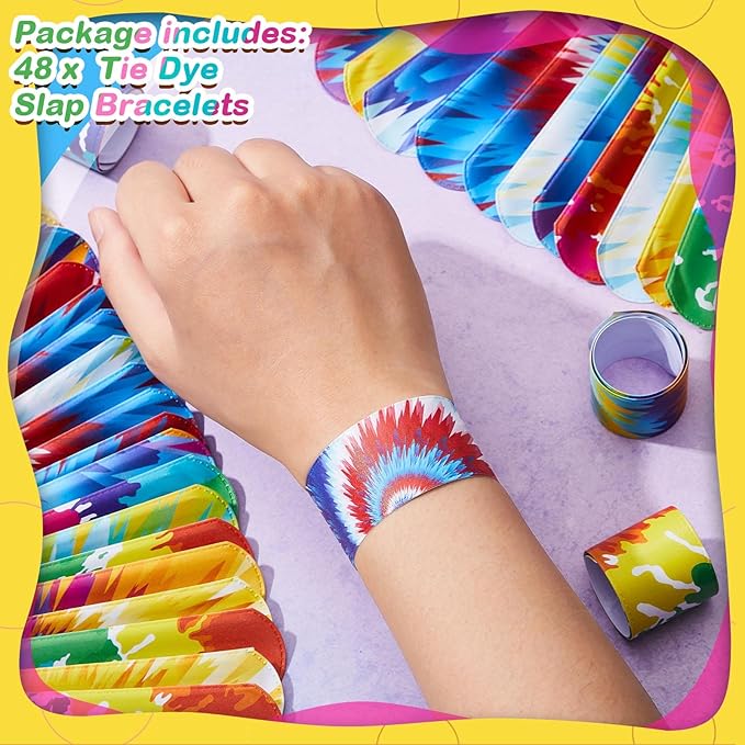 Lewtemi 48 Pcs Tie Dye Slap Bracelets Tie Dye Party Favors, Colorful Tie Dye Wristbands Bracelets for Kids Boys and Girls, Goodie Bag Fillers, Carnival Prize, Party Decorations(Classic Style)