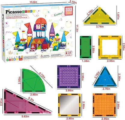 PicassoTiles 333pcs Magnetic Brick Tile and Magnetic Tile Combo Set, Action Figures included, Building Blocks STEM Toys, Educational Montessori Preschool Toddler classroom learning toys, Kids activity