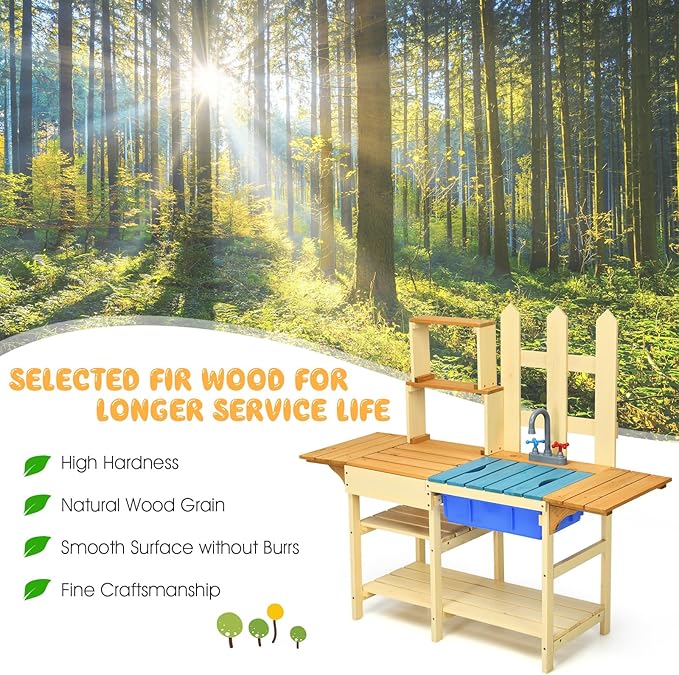 HONEY JOY Kids Mud Kitchen Playset, Indoor Outdoor Wooden Pretend Play Toy Kitchen with Removable Sink, Simulated Faucet, Mud Kitchen for Kids Outdoor, Gift for Boys Girls 3+