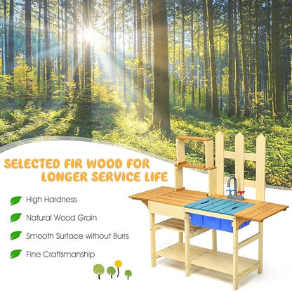 HONEY JOY Kids Mud Kitchen Playset, Indoor Outdoor Wooden Pretend Play Toy Kitchen with Removable Sink, Simulated Faucet, Mud Kitchen for Kids Outdoor, Gift for Boys Girls 3+