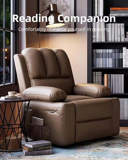 27'' Leather Recliner Chair Oversized, Overstuffed Manual Recliner Chair, Single Sofa for Adults, with Cup Holder and Side Pockets, for Living Rooms, Max Weight 400 lbs, Tan