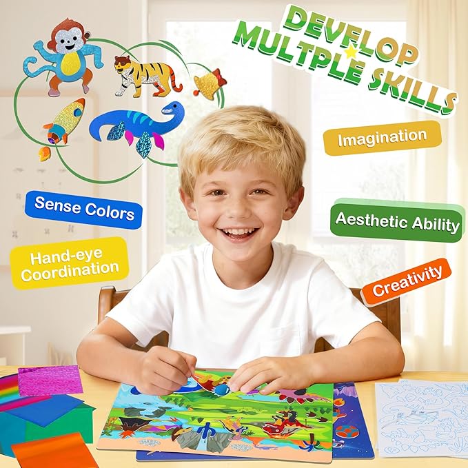 Fun Foil Art Craft Kits, 2 In 1 DIY Dinosaur & Space Creative Sticker Coloring Activity, Travel Toys, Arts and Crafts for Kids 4-6, No Mess Art Craft Supplies, 4 5 6 7 8 9 10 Year Old Boy Girl Gifts