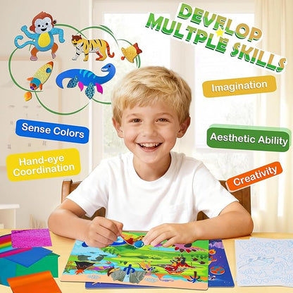 Fun Foil Art Craft Kits, 2 In 1 DIY Dinosaur & Space Creative Sticker Coloring Activity, Travel Toys, Arts and Crafts for Kids 4-6, No Mess Art Craft Supplies, 4 5 6 7 8 9 10 Year Old Boy Girl Gifts