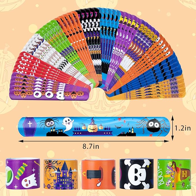 60 Pcs Halloween Slap Bracelets for Kids Girls Boys, Halloween Party Favors Toys Bulk Pumpkin Bat Spider for Treats Non Candy Bag Stuffers/Party Supplies/Classroom Prizes/Exchanging Gifts/Christmas