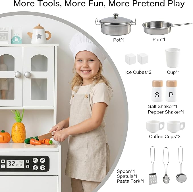 Wooden Play Kitchen for Toddlers and Kids with Lights & Sounds, Large Interactive Pretend Play Set with Ice Maker, Stove, Sink, Oven, 12 Accessories - Ages 3-8