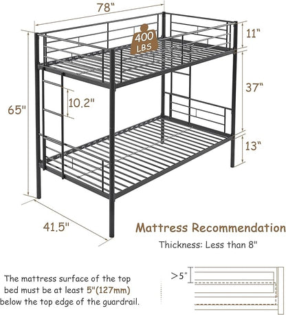 VECELO Twin Over Twin Bunk Bed with Built-in Ladder and Safety Guardrail, Heavy Duty Metal Bunkbeds, Space Saving, No Box Spring, Black