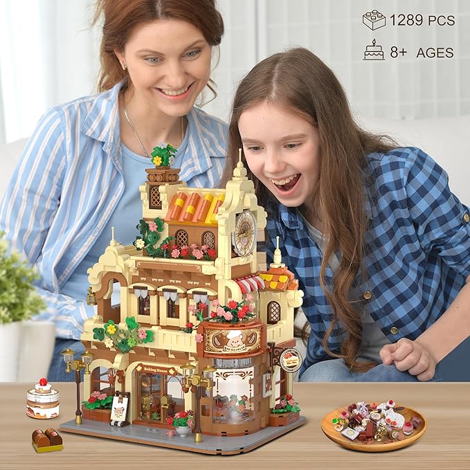 City Bakery Cafe House Building Set with Light, 1289 PCS Baking Shop Building Block Toy with Coffee Cake Bread Bakery Room, Pastry Construction Model for Adults Teens Kids Boys Girls Ages 8-12+