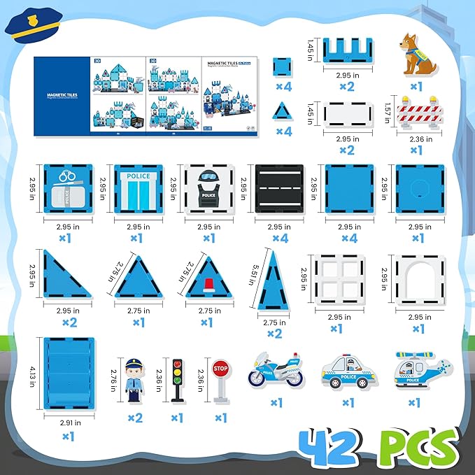 cossy Magnetic Tiles Police Set, Magnet Tiles with Policeman, Magnetic Tiles for Kids Ages 4-8, STEM Toys, Toys for 3 4 5 6 7 8 Year Old Boy and Girl, Creative Building Toys, Police