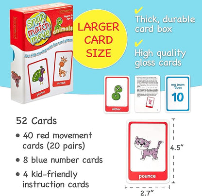 Animal Movement Cards - Active Games for Toddlers & Kids, Play Snap, Matching & Go Fish with Animal Cards, Animal Memory Matching Game Flash Cards, Recess Equipment & PE Equipment