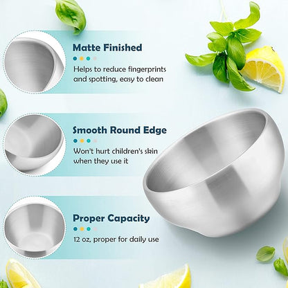 HaWare 6-Piece Kids Bowls, 12oz SUS304 Metal Bowl for Toddler Children, Small Baby Bowls for Feeding/Soup/Snacks, Multipurpose 18/8 Stainless Steel Cereal Bowls, Double Walled, Dishwasher Safe