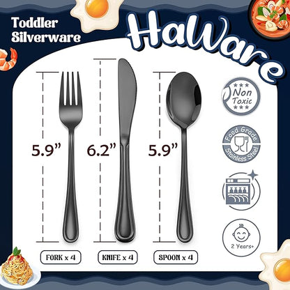 HaWare 12-Piece Kids Silverware, Stainless Steel Toddler Utensils Flatware Set, Preschooler Eating Utensils Includes 4 Spoons 4 Forks 4 Knives, Metal Children Cutlery for Home School, Mirror Finished