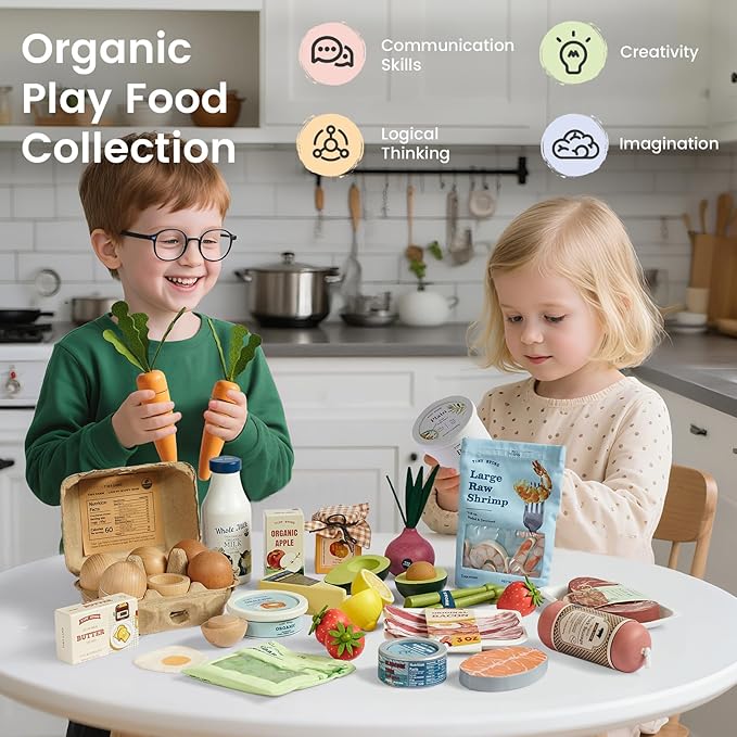 Tiny Land Wooden Dairy & Drinks Set – 7-Piece Pretend Food Toy with Milk, Juice & Cheese – Fun Wooden Play Kitchen Accessory for Toddlers & Kids Ages 3+