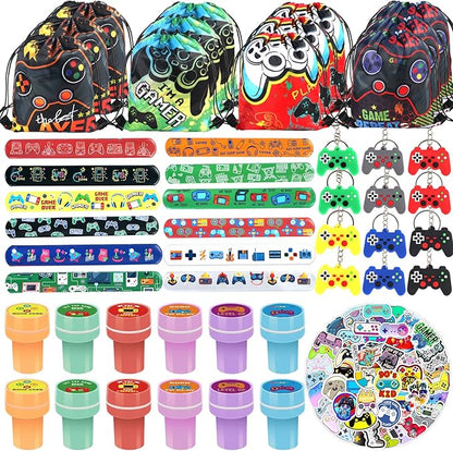 98 Pcs Video Game Party Favors Gifts Set Include Gamer Party Favor Stickers Stamps Keychains Slap Bracelets and Drawstring Bags Party Decorations for Kids Video Game Birthday Party Favors Supplies