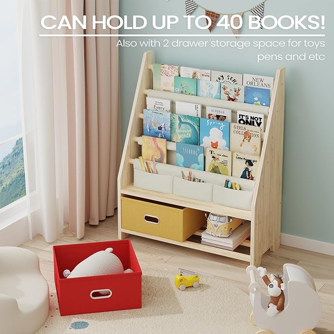 EXPERLAM 4 Tier Kids Book Shelf, Wooden Kids Book Rack Storage Bookshelf with Toy Storage Organizer, Toddler Sling Bookshelf for Boys, Girls, Play Room, Nursery, Red/Yellow