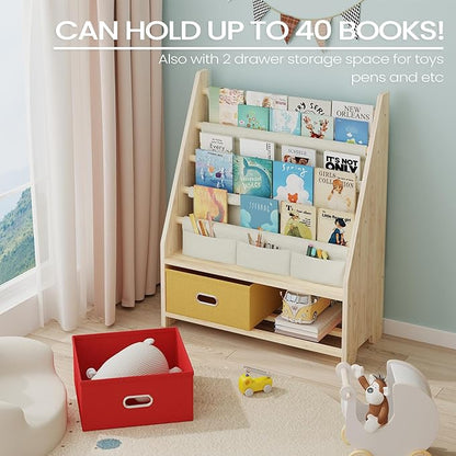 EXPERLAM 4 Tier Kids Book Shelf, Wooden Kids Book Rack Storage Bookshelf with Toy Storage Organizer, Toddler Sling Bookshelf for Boys, Girls, Play Room, Nursery, Red/Yellow
