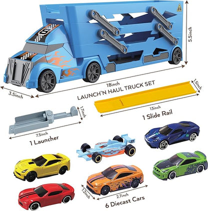 7 in 1 Toy Car Hauler - Semi Truck Toy Cars for Kids Ages 4-8 Boys Toddler Cars to Drive