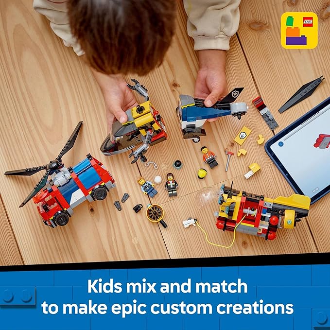 LEGO City Helicopter, Fire Truck & Submarine Remix Kids Toy - 3 Building Toys in 1 for Boys and Girls, Ages 7+ - Gift Idea for Birthdays and Holidays - with 3 Minifigures - 60462