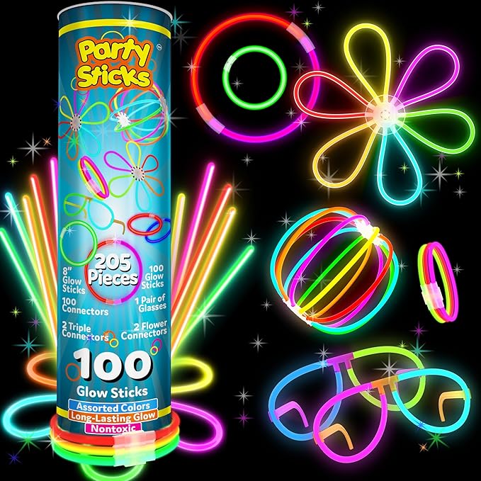 PartySticks Bulk Party Supplies 205 Piece Glow in The Dark 100 Glow Sticks with Eye Glasses, Bracelets, and Connectors